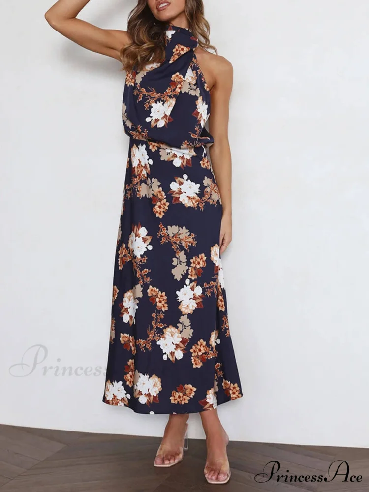 Floral Halter Neck Charming Elastic Waist Maxi Dress - Image 13