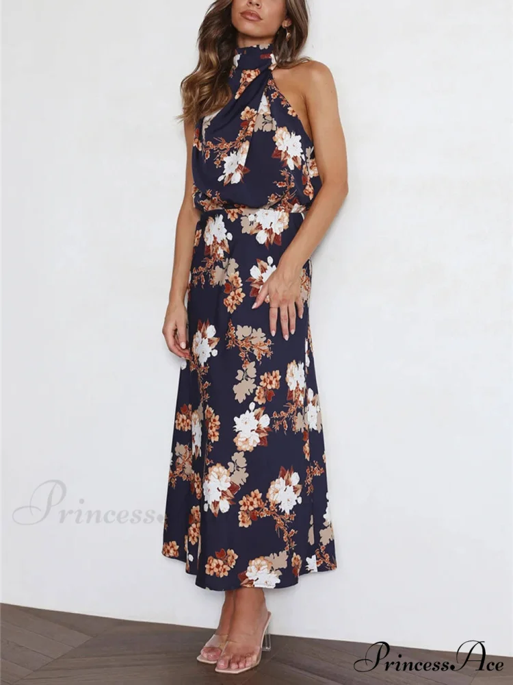 Floral Halter Neck Charming Elastic Waist Maxi Dress - Image 14