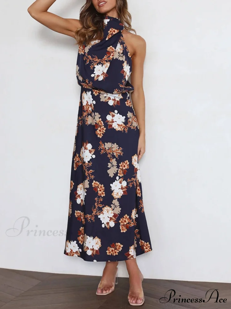 Floral Halter Neck Charming Elastic Waist Maxi Dress - Image 15