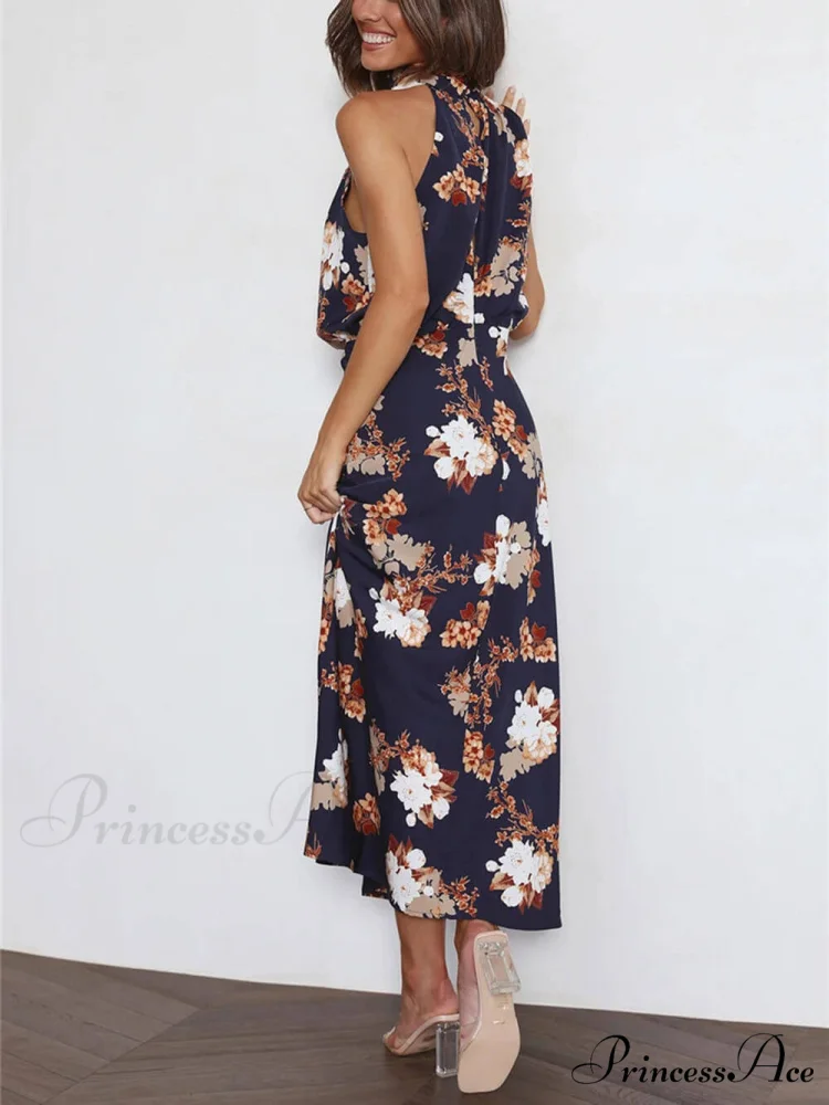 Floral Halter Neck Charming Elastic Waist Maxi Dress - Image 16