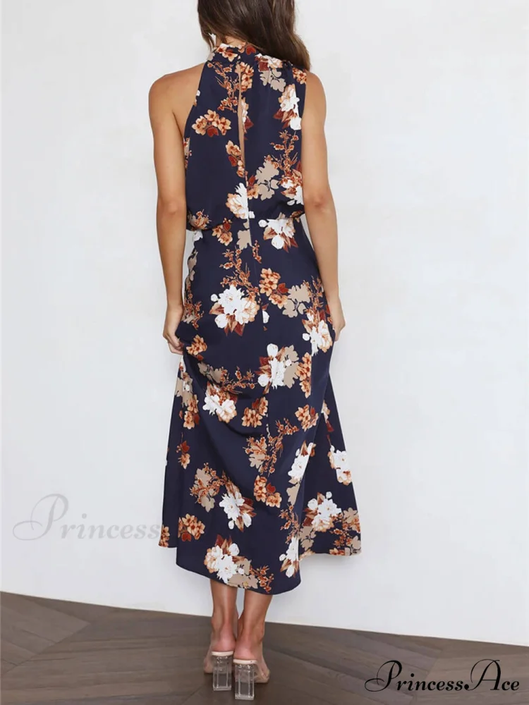 Floral Halter Neck Charming Elastic Waist Maxi Dress - Image 17