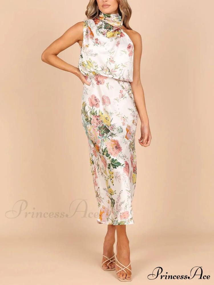 Floral Halter Neck Charming Elastic Waist Maxi Dress - Image 2