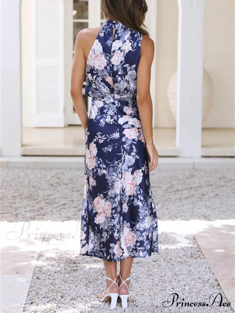 Floral Halter Neck Charming Elastic Waist Maxi Dress - Image 21