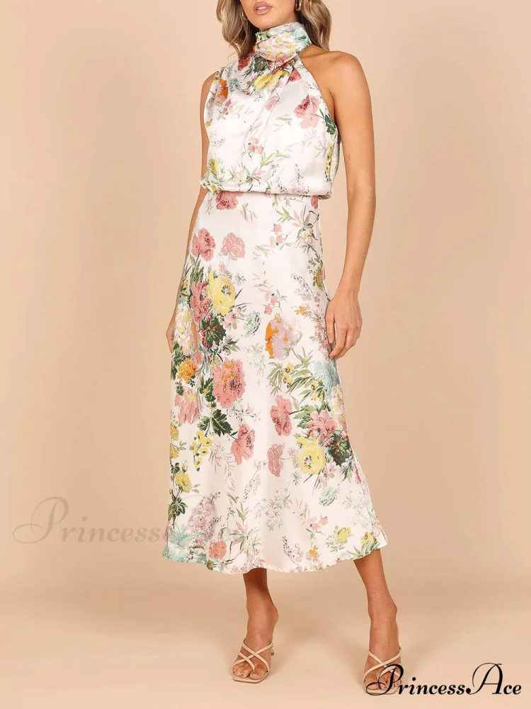 Floral Halter Neck Charming Elastic Waist Maxi Dress - Image 3