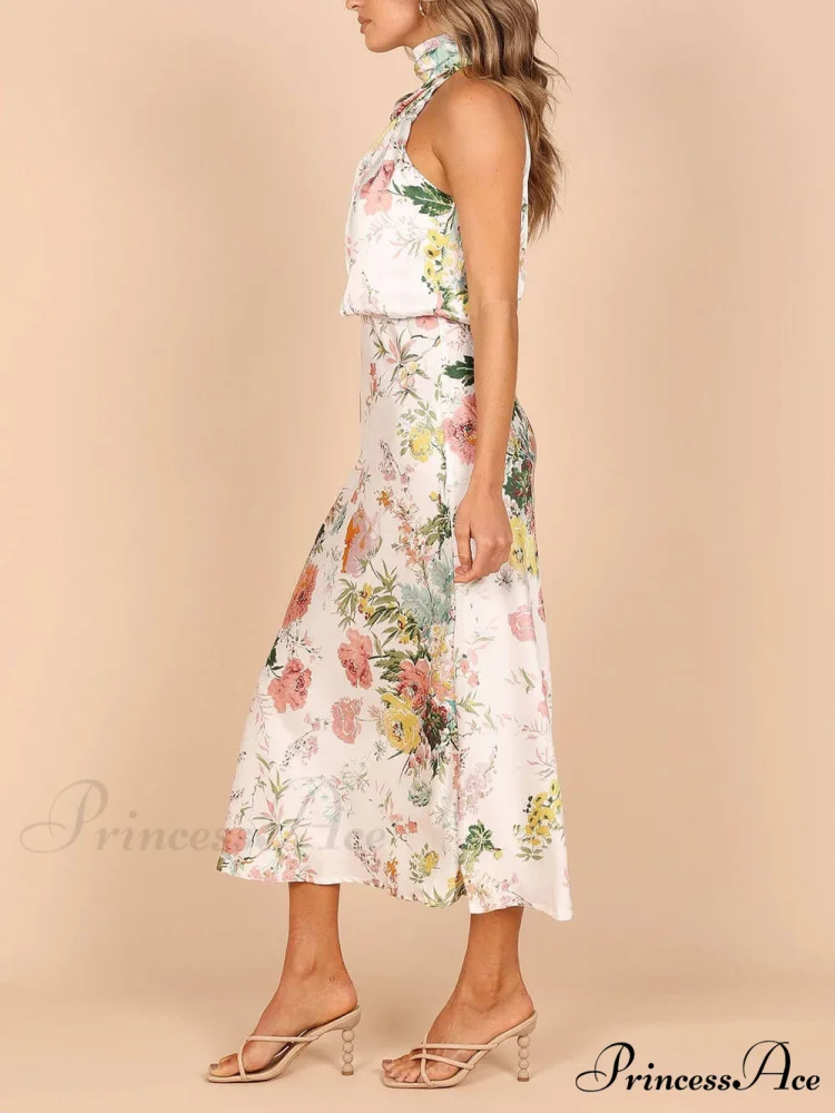 Floral Halter Neck Charming Elastic Waist Maxi Dress - Image 4