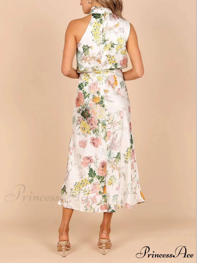 Floral Halter Neck Charming Elastic Waist Maxi Dress - Image 5