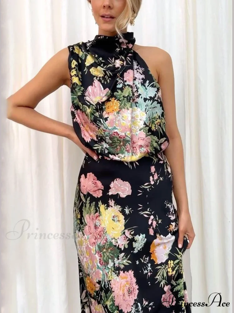 Floral Halter Neck Charming Elastic Waist Maxi Dress - Image 6