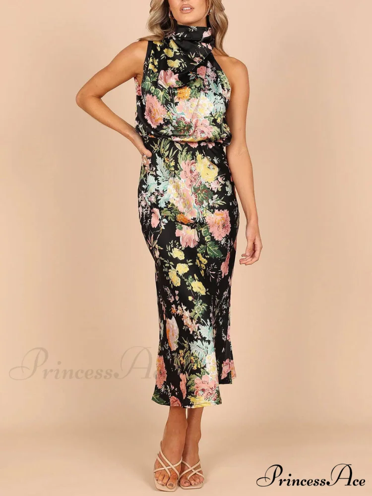 Floral Halter Neck Charming Elastic Waist Maxi Dress - Image 7
