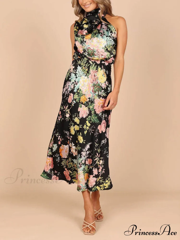 Floral Halter Neck Charming Elastic Waist Maxi Dress - Image 8