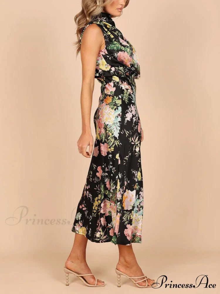 Floral Halter Neck Charming Elastic Waist Maxi Dress - Image 9
