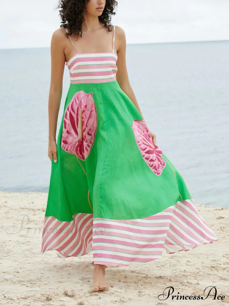 Floral Print Paneled Charming Striped Suspender Mixi Dress - Image 2