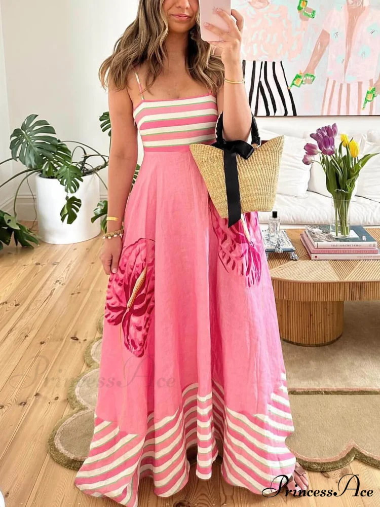 Floral Print Paneled Charming Striped Suspender Mixi Dress - Image 3