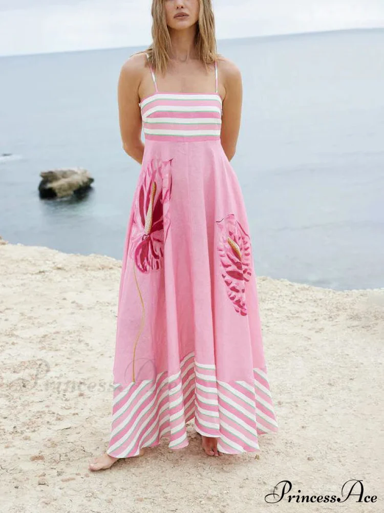 Floral Print Paneled Charming Striped Suspender Mixi Dress - Image 5