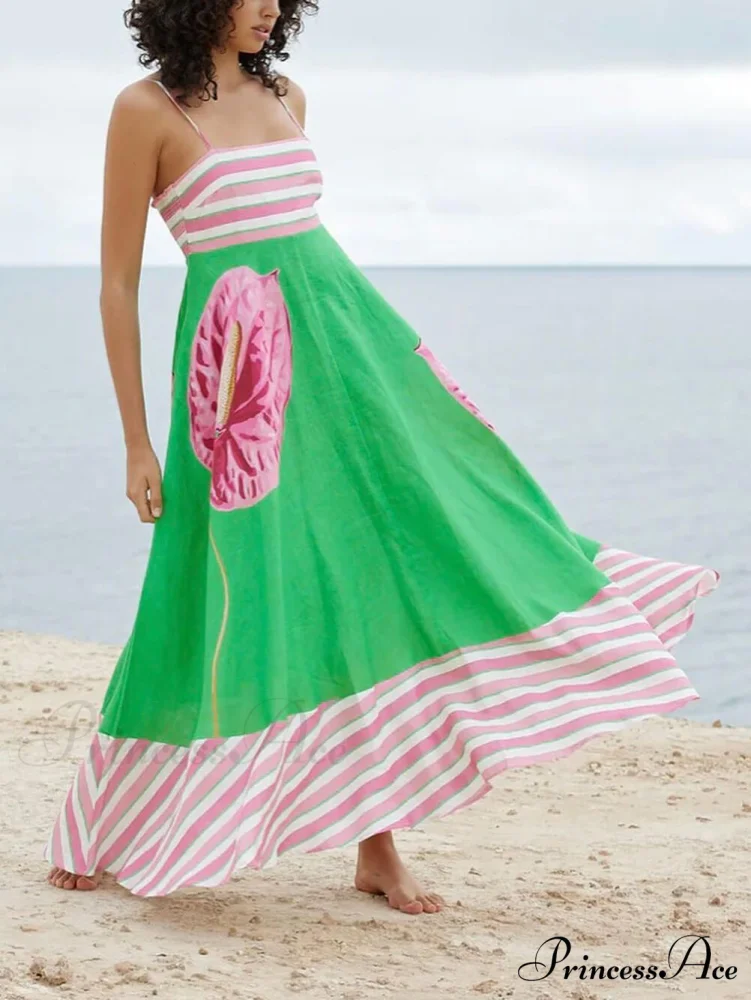 Floral Print Paneled Charming Striped Suspender Mixi Dress - Image 7