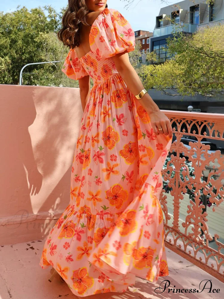 Floral Print Puff Sleeve Graceful Back Smocked Pocket Maxi Dress - Image 2