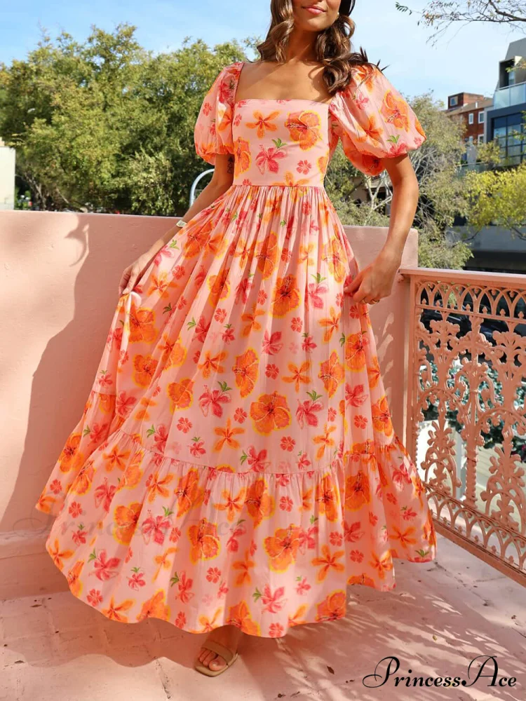Floral Print Puff Sleeve Graceful Back Smocked Pocket Maxi Dress - Image 3
