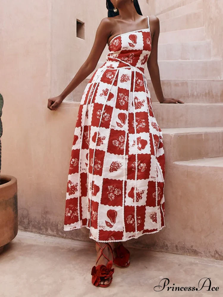Floral Trim Unique Printed Graceful One Shoulder Flared Maxi Dress - Image 2