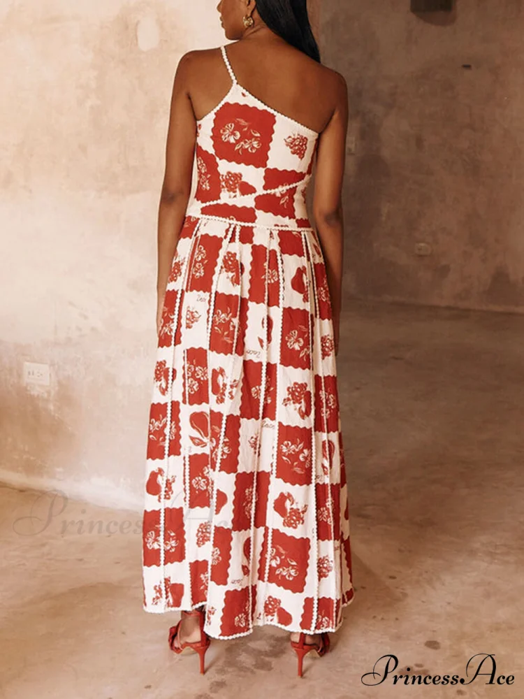 Floral Trim Unique Printed Graceful One Shoulder Flared Maxi Dress - Image 4