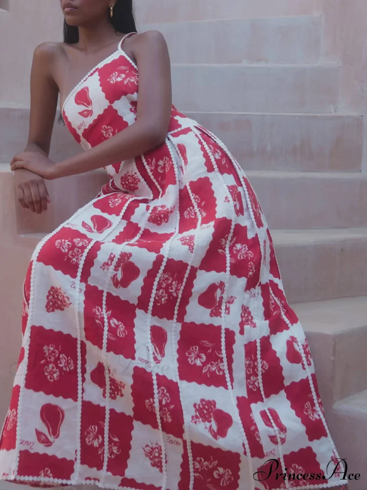 Floral Trim Unique Printed Graceful One Shoulder Flared Maxi Dress - Image 5