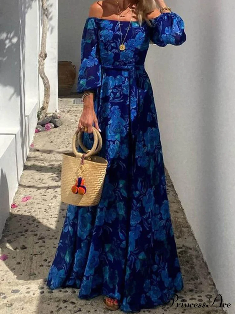 Foral Off Shoulder Back Graceful Smocked Vacation Maxi Dress - Image 2