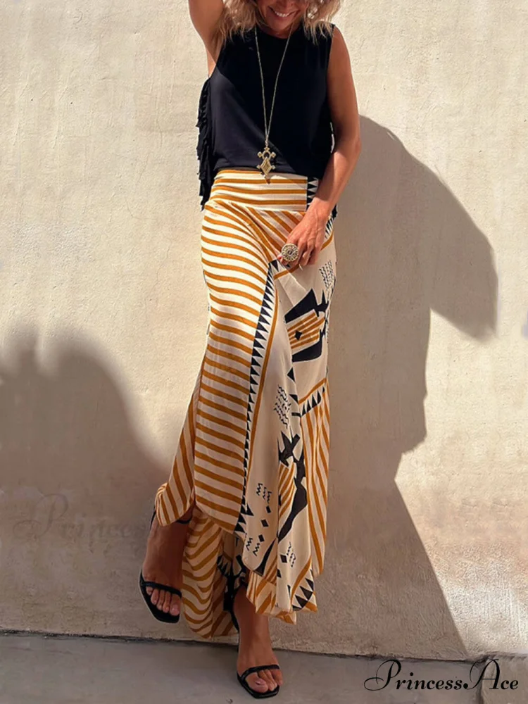 Geometric Print Elastic Charming Waist Maxi Skirt - Image 2