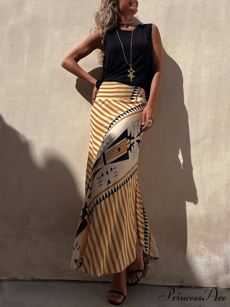 Geometric Print Elastic Charming Waist Maxi Skirt - Image 3