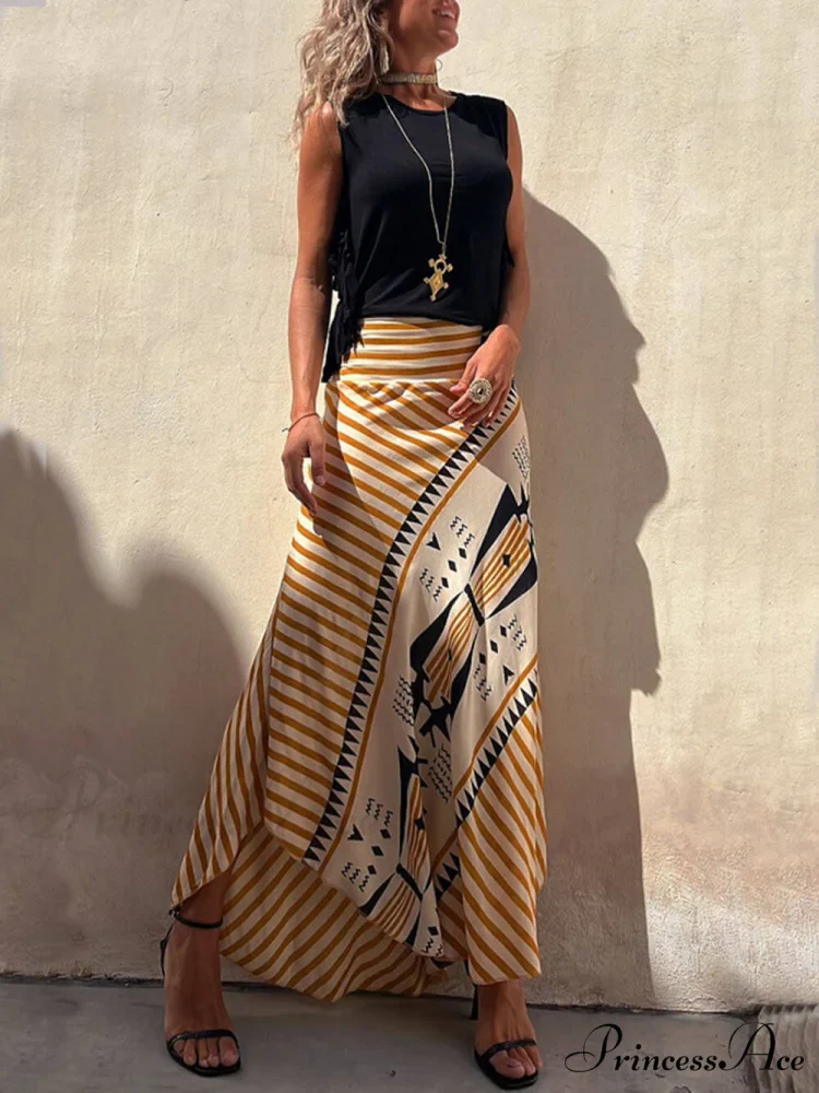 Geometric Print Elastic Charming Waist Maxi Skirt - Image 5