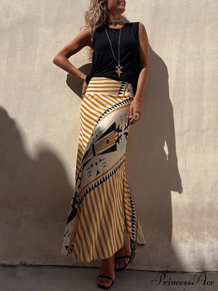 Geometric Print Elastic Charming Waist Maxi Skirt - Image 6
