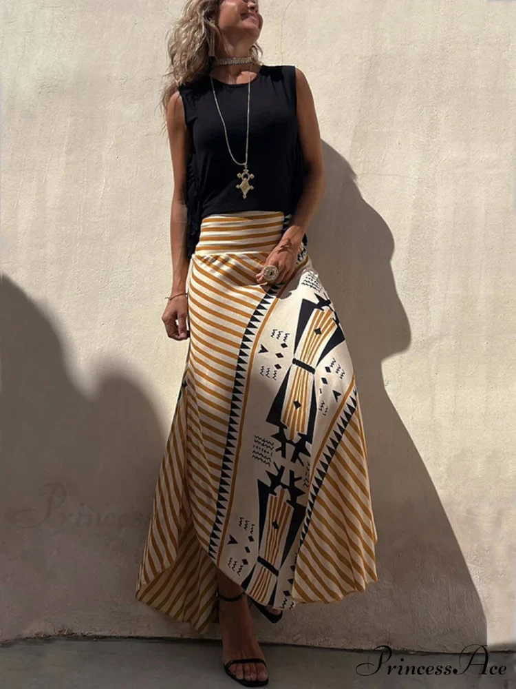 Geometric Print Elastic Charming Waist Maxi Skirt - Image 7