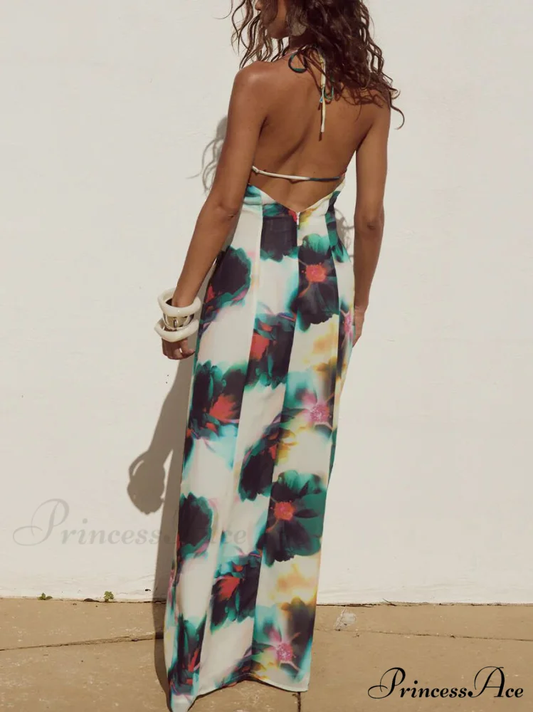 Halter Neck Tie Resort Graceful Style Print Mixi Dress - Image 4