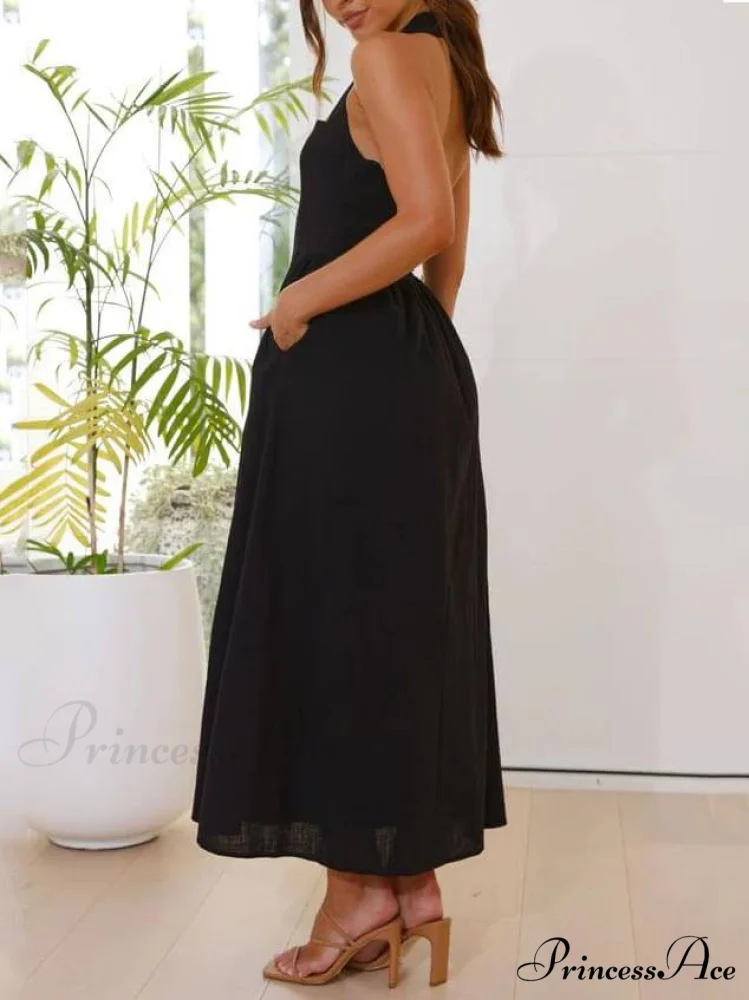 Halter Neck Waist Little Graceful Black Dress Mid Length Dress - Image 2
