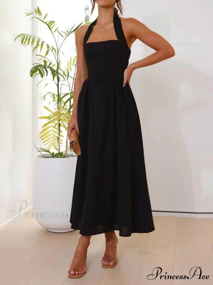 Halter Neck Waist Little Graceful Black Dress Mid Length Dress - Image 3