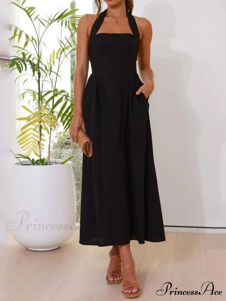 Halter Neck Waist Little Graceful Black Dress Mid Length Dress - Image 4