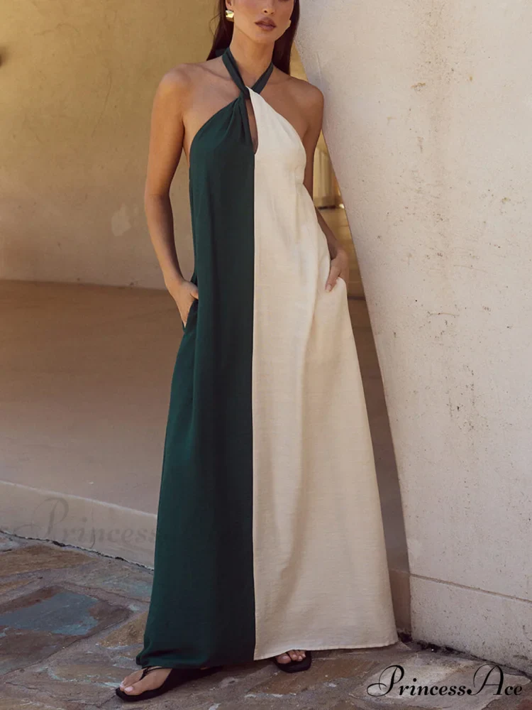 Hanging Neck Bold Contrast Color Trendy Halter Pocketed A-Line Maxi Dress - Image 2