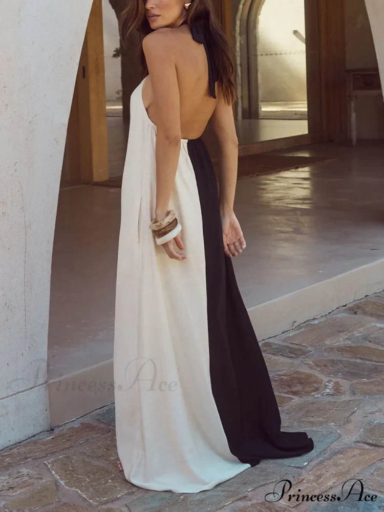 Hanging Neck Bold Contrast Color Trendy Halter Pocketed A-Line Maxi Dress - Image 3