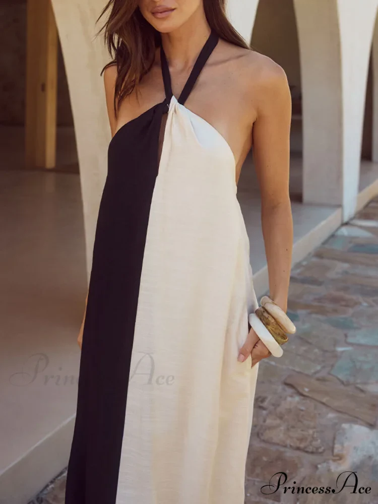 Hanging Neck Bold Contrast Color Trendy Halter Pocketed A-Line Maxi Dress - Image 4