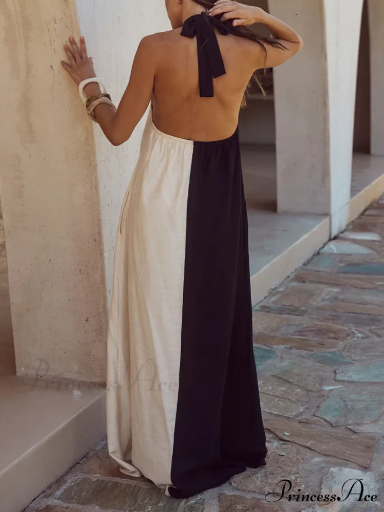 Hanging Neck Bold Contrast Color Trendy Halter Pocketed A-Line Maxi Dress - Image 5