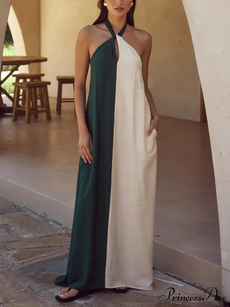 Hanging Neck Bold Contrast Color Trendy Halter Pocketed A-Line Maxi Dress - Image 6
