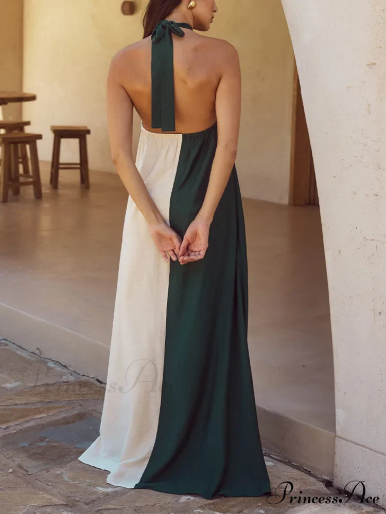 Hanging Neck Bold Contrast Color Trendy Halter Pocketed A-Line Maxi Dress - Image 7