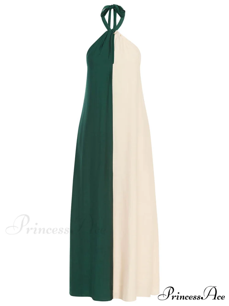 Hanging Neck Bold Contrast Color Trendy Halter Pocketed A-Line Maxi Dress - Image 8