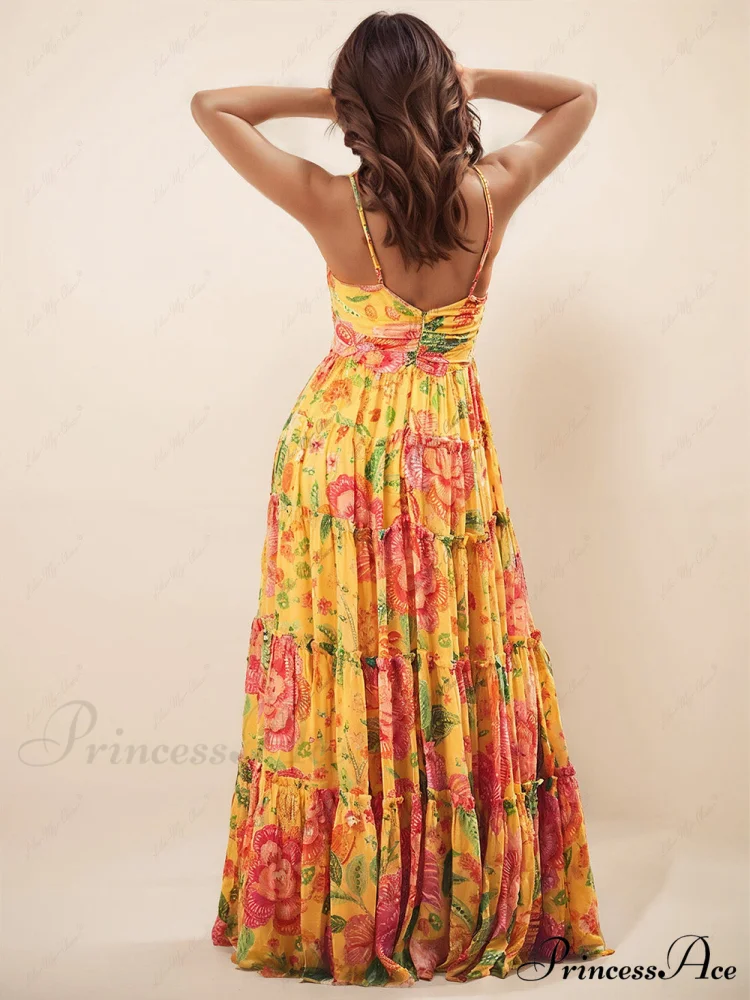 Hanging Neck Printed Floral Graceful Design Backless Straight Maxi Dress - Image 3