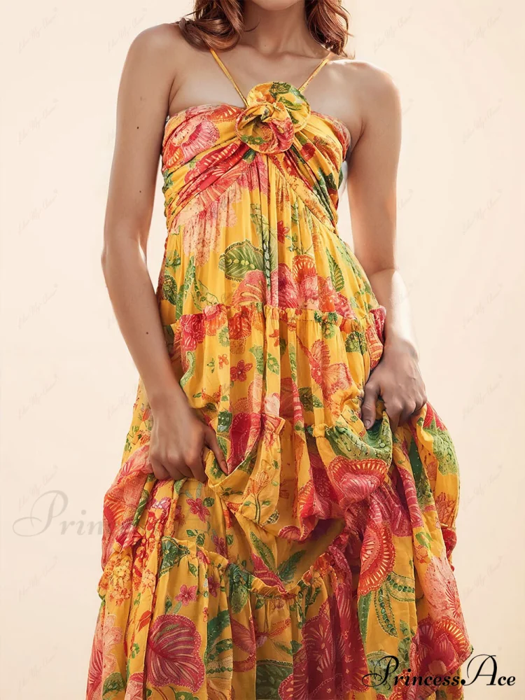 Hanging Neck Printed Floral Graceful Design Backless Straight Maxi Dress - Image 4