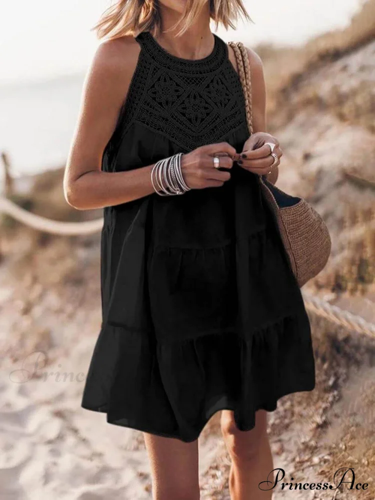 Hollow Lace Patchwork Charming Halterneck A-Line Mini Dress - Image 2