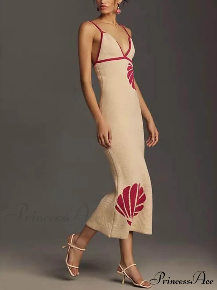Knitted Suspender Halterneck V-Neck Graceful Backless Sexy Midi Dress - Image 2