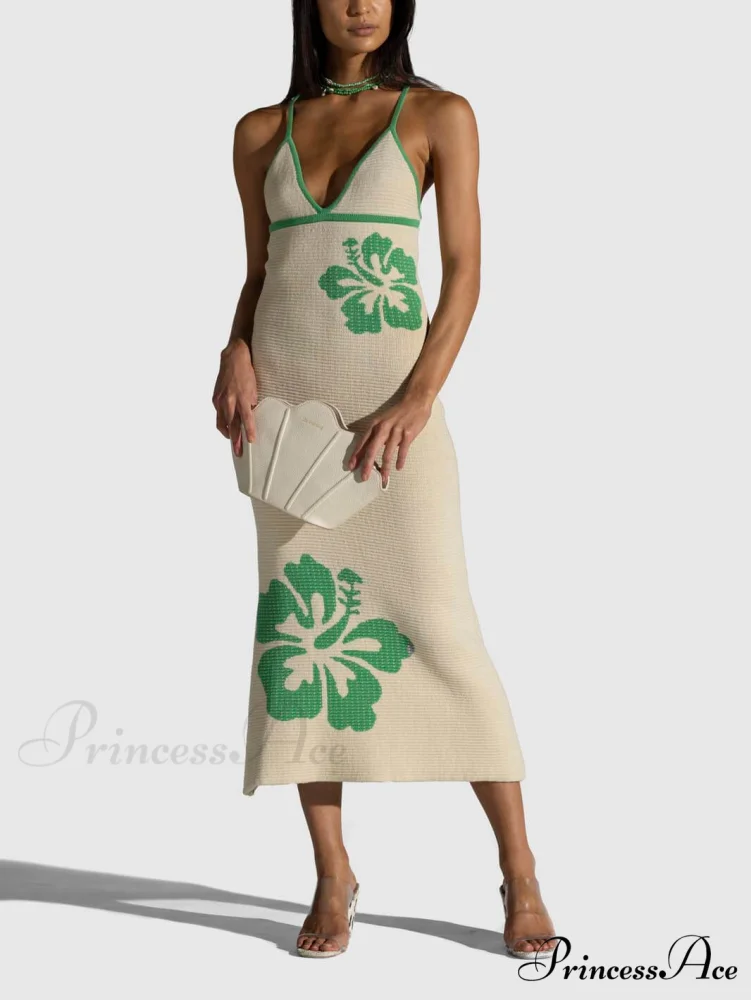 Knitted Suspender Halterneck V-Neck Graceful Backless Sexy Midi Dress - Image 4