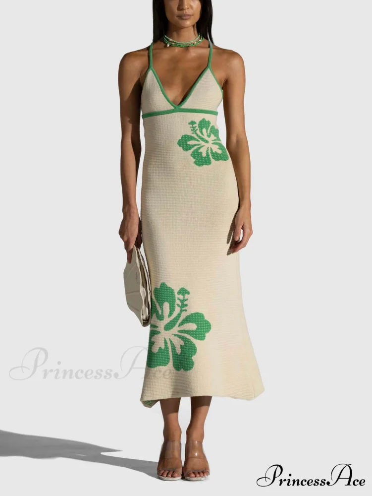 Knitted Suspender Halterneck V-Neck Graceful Backless Sexy Midi Dress - Image 5