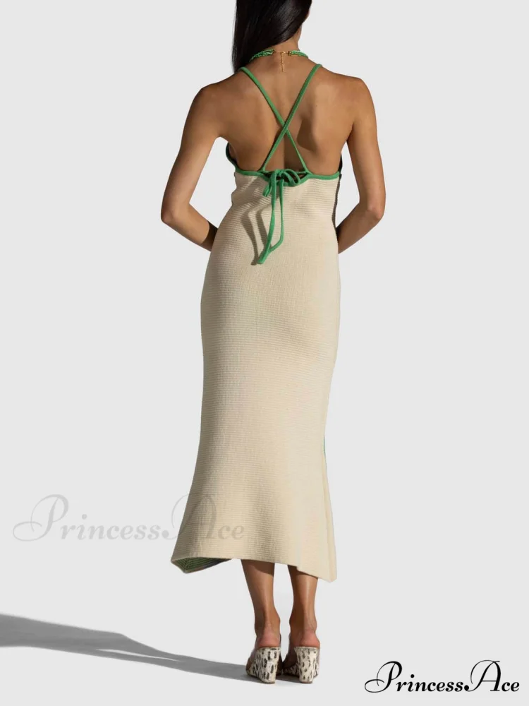 Knitted Suspender Halterneck V-Neck Graceful Backless Sexy Midi Dress - Image 6