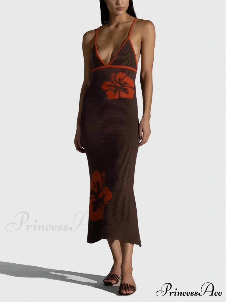Knitted Suspender Halterneck V-Neck Graceful Backless Sexy Midi Dress - Image 8