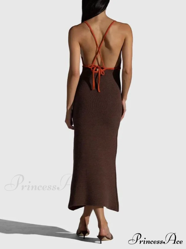 Knitted Suspender Halterneck V-Neck Graceful Backless Sexy Midi Dress - Image 9