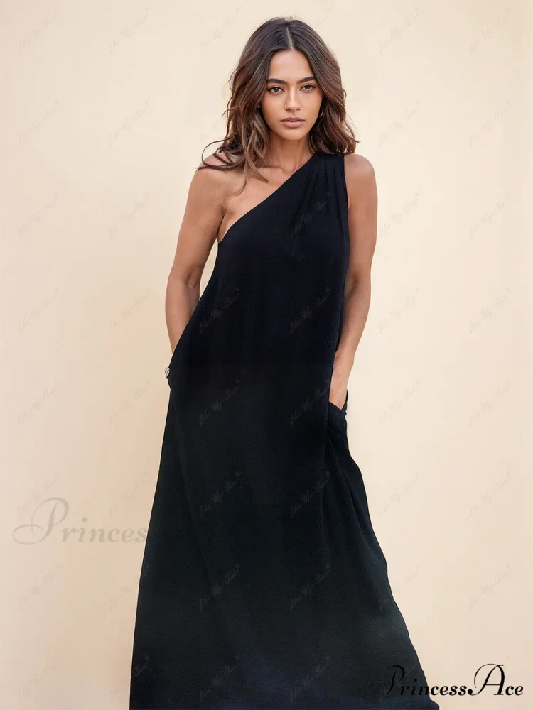 Loose One-Shoulder Sleeve Charming Pleated Pocket Dress - Image 3